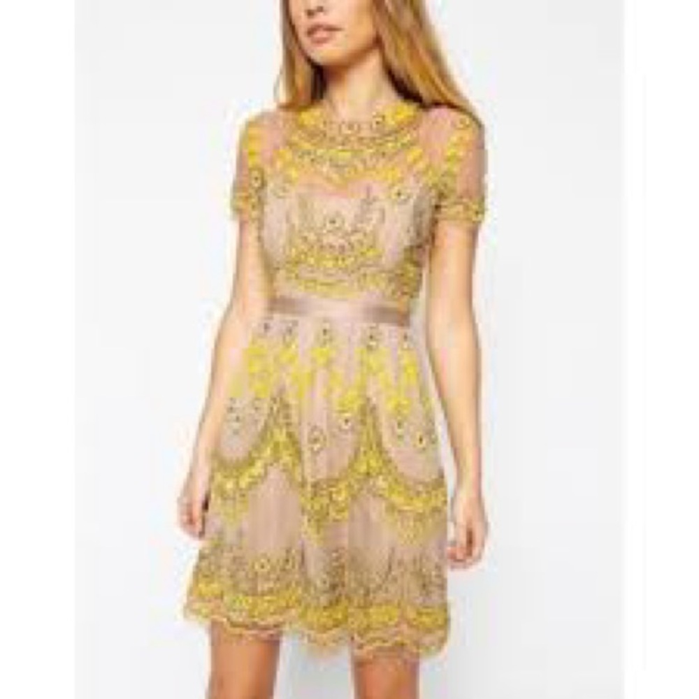 Needle & Thread Embellished Beaded Tulle Mini Dress in Tan and Yellow- Size 4